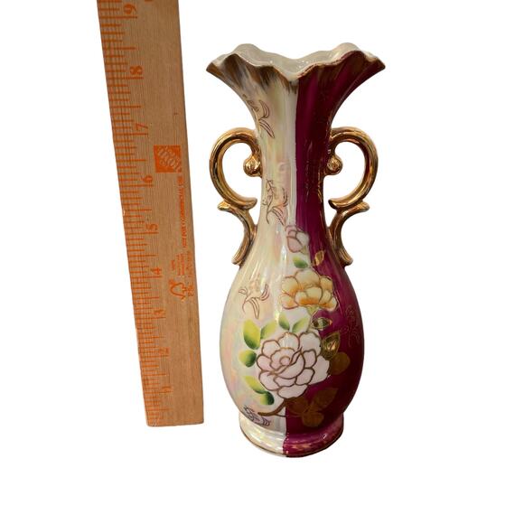 Vintage Iridescent Luster Ware Vase Gold Handles Pearl MCM Gilded Bud Japan READ - Picture 12 of 13